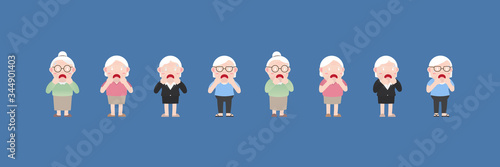 Character set of Old woman or Grandmother, Older seniors retired are Shocked expression or surprised with covering his mouth, An elderly woman cartoon design in 4 Different flat style Vector