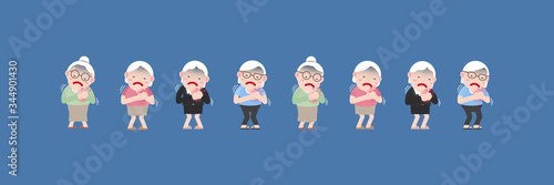 Character set of Old woman or Grandmother, Older seniors retired are standing sore and hands touching her chest area, at pain symptom of Heart disease and acute heart attack, An elderly cartoon design
