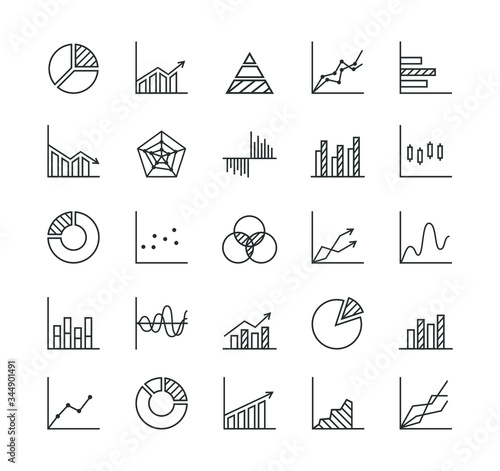 Statistics - line icon set. Collection of 25 graphs/charts/diagrams. Infographics, data analysis, stats tools. Isolated on white background. Vector illustration.