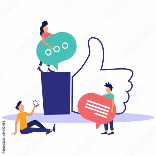 Vector illustration on a white background. best performance, social media. people leave comments and comments that the successful work is the highest score, the hand shows success.