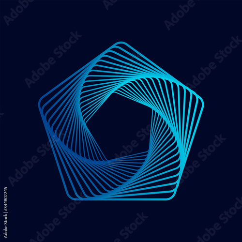 Twisted colored spiral. Wireframe pentagon shape. Vector technology lines graphic element.