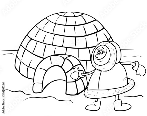 eskimo with igloo cartoon coloring book page
