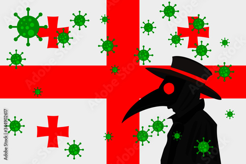 Black plague doctor surrounded by viruses with copy space with GEORGIA flag.