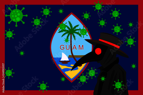 Black plague doctor surrounded by viruses with copy space with GUAM flag.