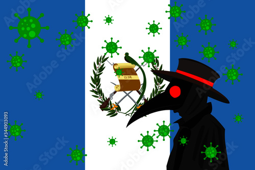 Black plague doctor surrounded by viruses with copy space with GUATEMALA flag.