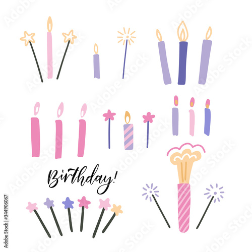 Set of thin colorful striped decorative candles and sparklers with burning flames of wax paraffin for cake. Decoration for holiday, birthday, anniversary, christmas. Vector flat cartoon illustration