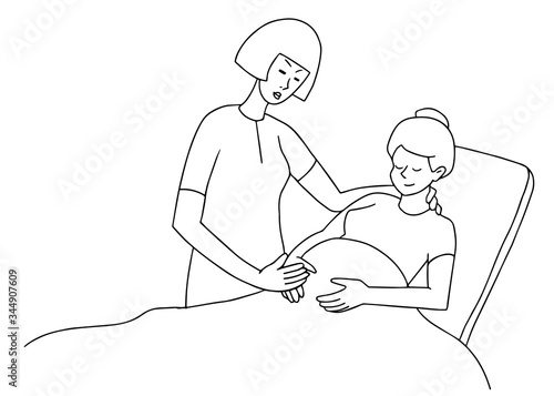 Pregnant Woman with Doula Support. Nurse helps the patient. Black line style vector illustration