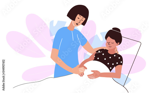 Pregnant Woman with Doula Support. Nurse helps the patient. Flat style vector illustration