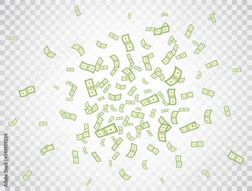 Dollar flying on transparent background. Banknotes icon explosion. Money in a flat style. Cartoon cash sign. Currency collection. Dollar bills. Paper bank notes. Jackpot, big win. Vector illustration