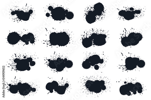 Black ink splashes set manually traced. inked splatter dirt stain splatter spray splash with drops blots isolated. grunge dirty liquid vector illustration.