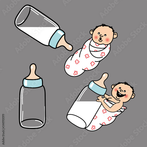 Illustration of a small boy in a diaper with a bottle of milk next to him and in his hands.