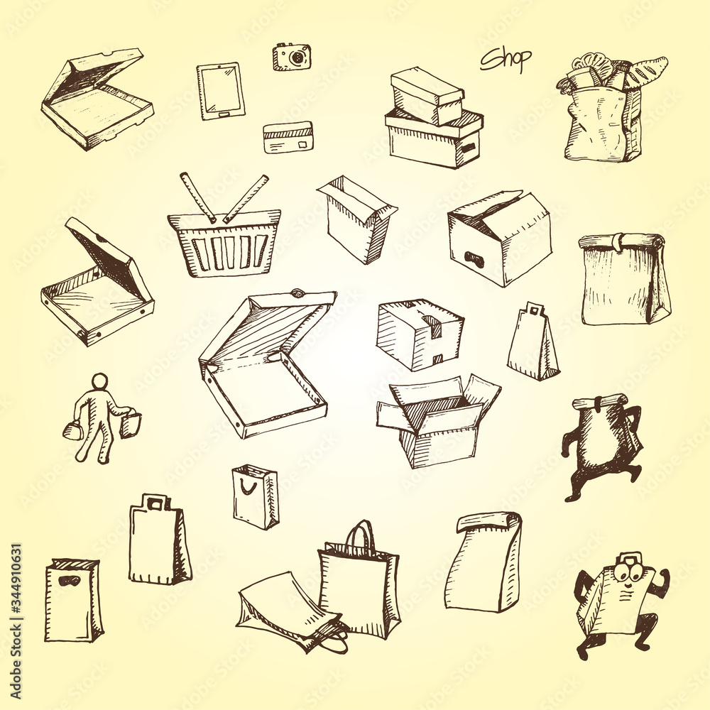 hand illustration of box, pizza box, take away, delivery, shopping bag, paper bag hand illustration of box, pizza box, take away, delivery, shopping bag, paper bag