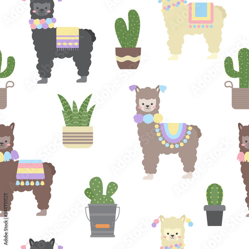 Cute Alpaca with potted cactus seamless pattern