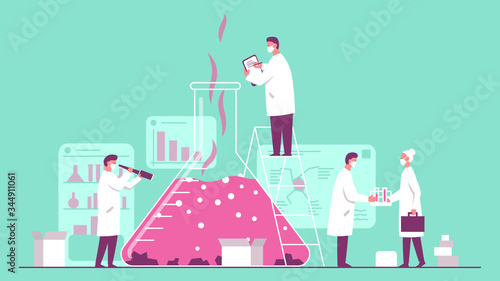 Vector concept illustration of a team of scientists wearing masks doing research in a chemistry lab. It represents a concept of scientific progress, important discoveries and chemical experiments