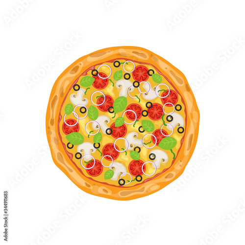 Whole vegetarian pizza with mushrooms, tomato, cheese, olive and onion. Traditional italian fast food. Vector illustration