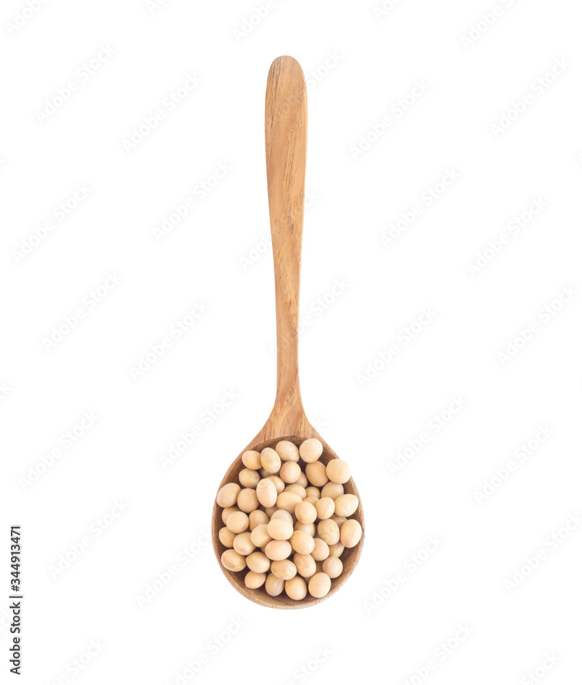 Soy beans in wooden spoon isolated on white backgroun, health care concept Soy beans in wooden spoon isolated on white backgroun, health care concept