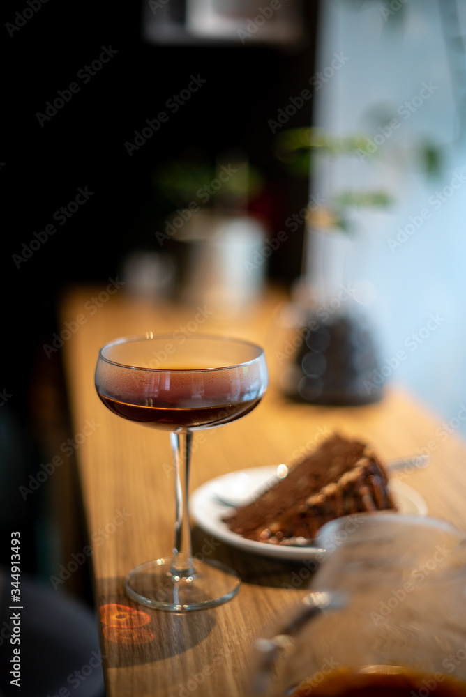 Pour over black coffee hario with cake on table coffee house cafe serving kettle