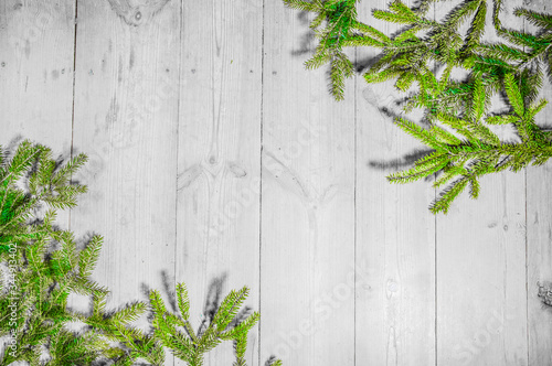 Happy holidays, Christmas decoration, board and branches of trees, Christmas trees. © NOWIK my stock