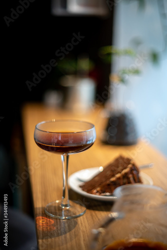 Pour over black coffee hario with cake on table coffee house cafe serving kettle