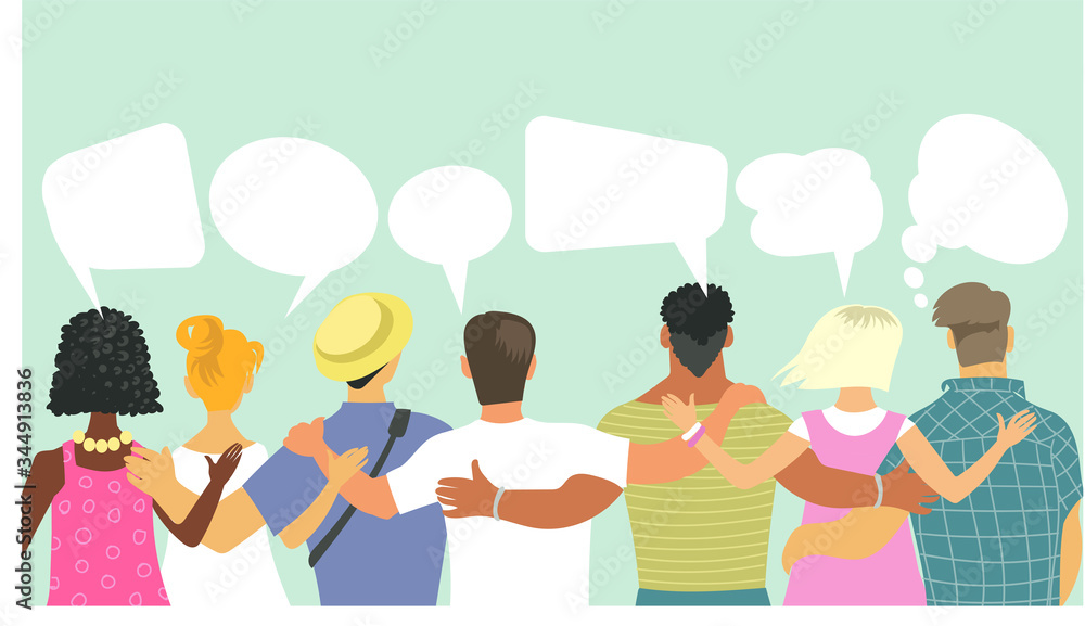 Vector illustration Modern youth of different races. They stand with their backs with speech bubbles. The concept of unity, friendship, discussion, good relations throughout the world. Vector illustration Modern youth of different races. They stand with their backs with speech bubbles. The concept of unity, friendship, discussion, good relations throughout the world.