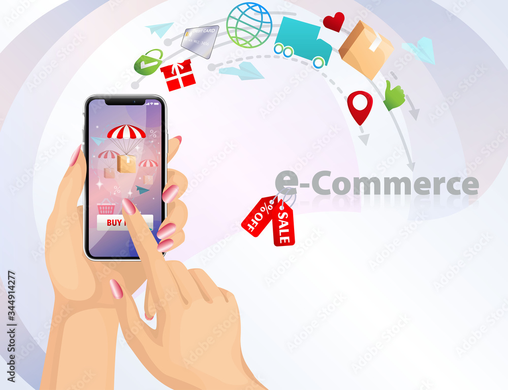 Vector 3D design concept of e-commerce, buying online and e-commerce poster, online shop and shopping elements, online store, support, secure payment online,worldwide delivery, smartphone, hands