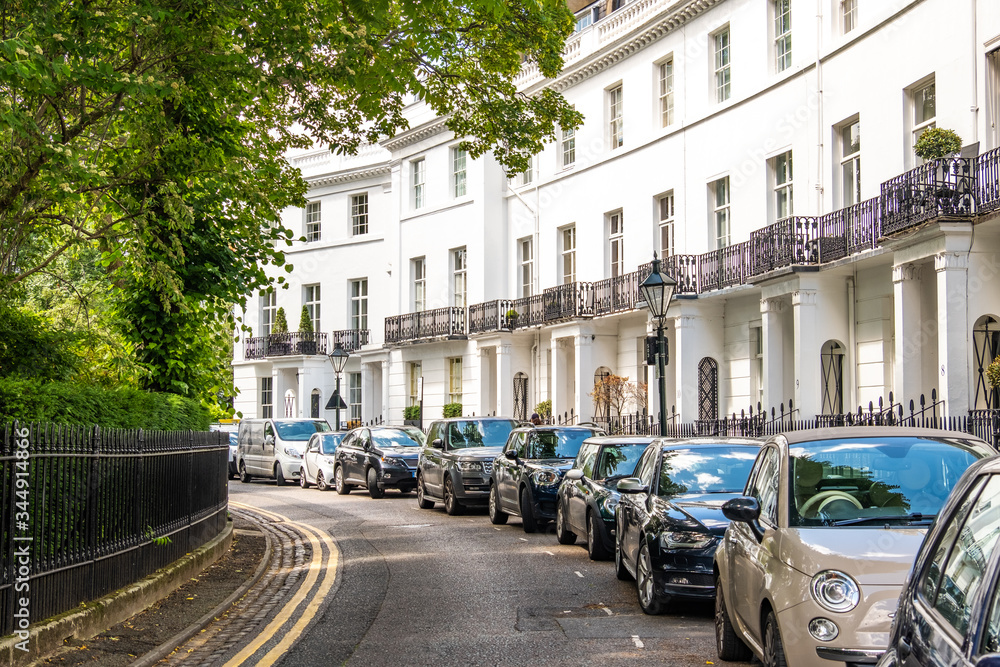 LONDON- An attractive street of luxury London townhouses in South Kensington