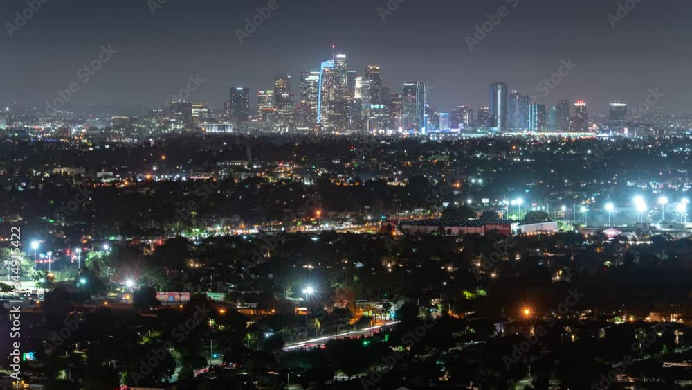 Los Angeles Downtown Night Skyline From Mid City Time Lapse Tilt Up Los Angeles Downtown Night Skyline From Mid City Time Lapse Tilt Up