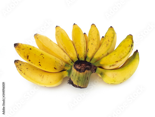 Bunch of ripe mini bananas or baby bananas, bio, small and extra sweet with deep flavor and compact isolated on white background. photo