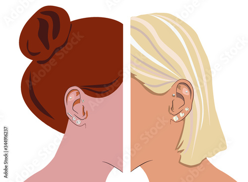 Ear piercing earrings fashion set, blond and red hair young women vector illustration