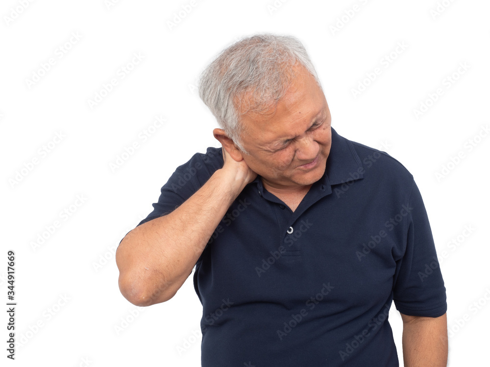 Senior Asian man putting hand on the neck as pain getting worse. Retirement healthcare concept. Senior Asian man putting hand on the neck as pain getting worse. Retirement healthcare concept.