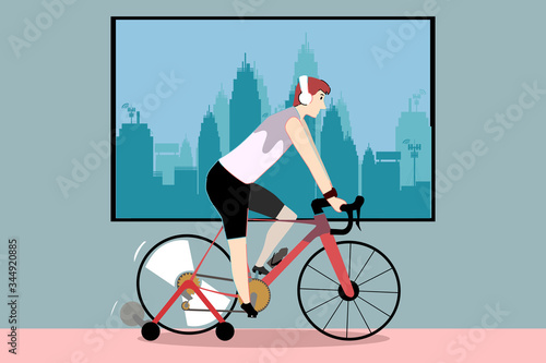 A man is exercising by biking at home. His body is wet with sweat.