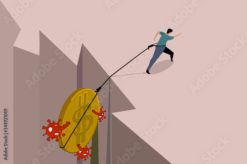 A man had a rope tied at the waist, the end of the rope tied to a large coin. He is walking forward to pull the coin up from the abyss. The virus is grabbing the coin down.