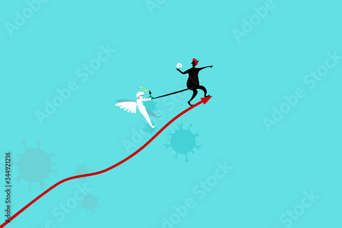A picture of an angel in a medical suit trying to stop the demon of death from the corona virus that causes death to increase along the red arrow line.