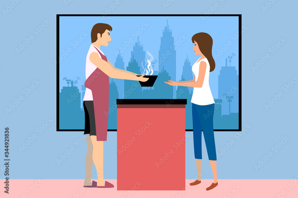 a man is serving the hot meal in bowl to his wife. He made it by himself at home. a man is serving the hot meal in bowl to his wife. He made it by himself at home.