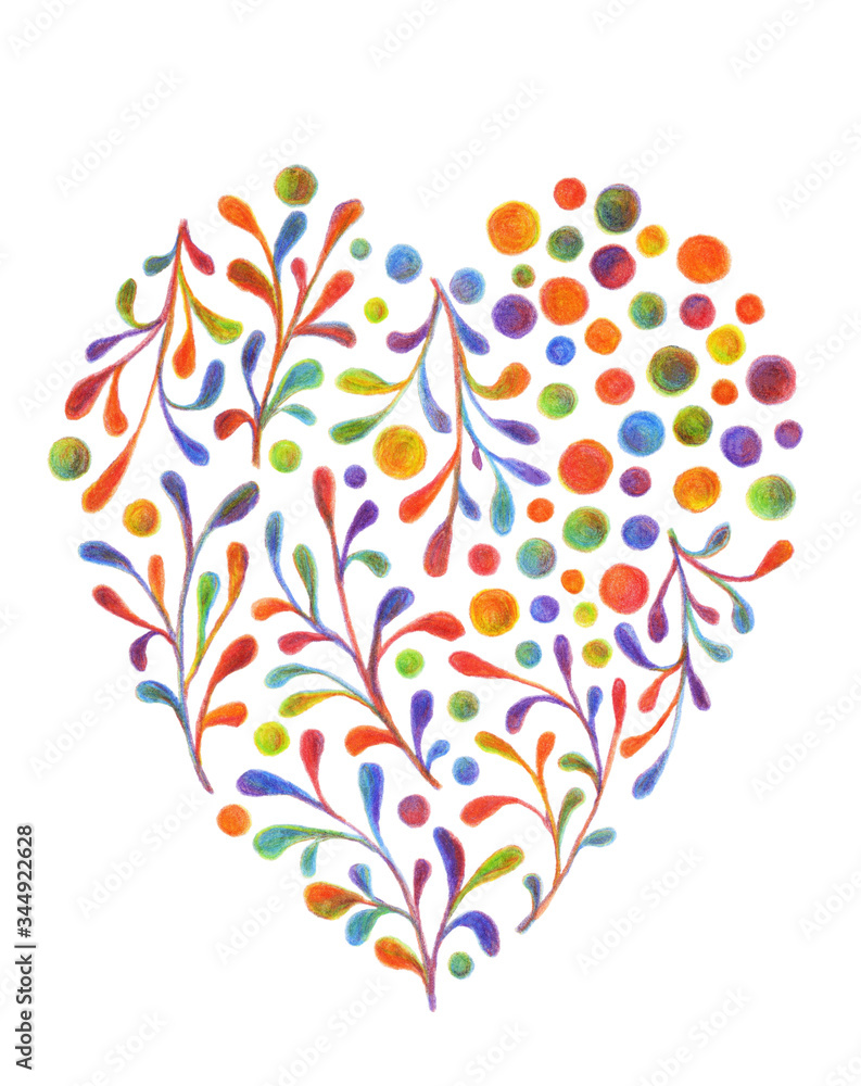 Fototapeta premium Floral heart flowers, leaves. For the design of backgrounds, invitations, cards, posters, stickers, badges, etc. Hand-painted. Separately on a white background.