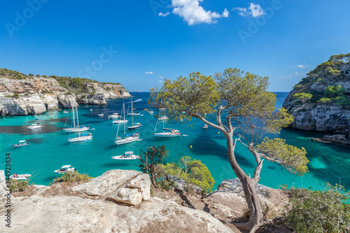 Seascape view of the most beautiful bay Cala Macarella of the island Menorca, Balearic islands, Spain photo
