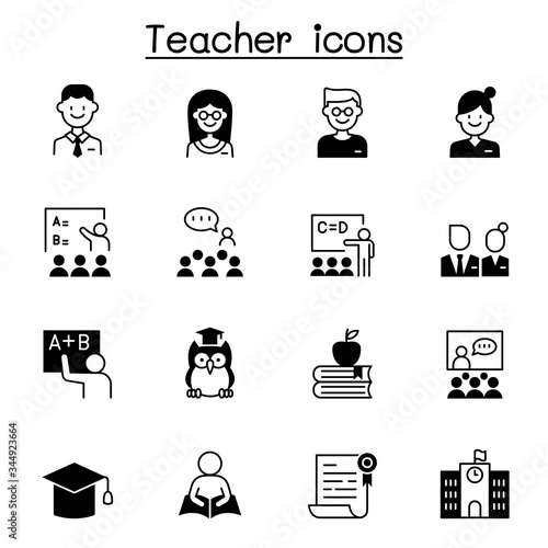 Set of teacher icons. contains such icons as student, learning, reading, school, education, book, knowledge, presentation and more