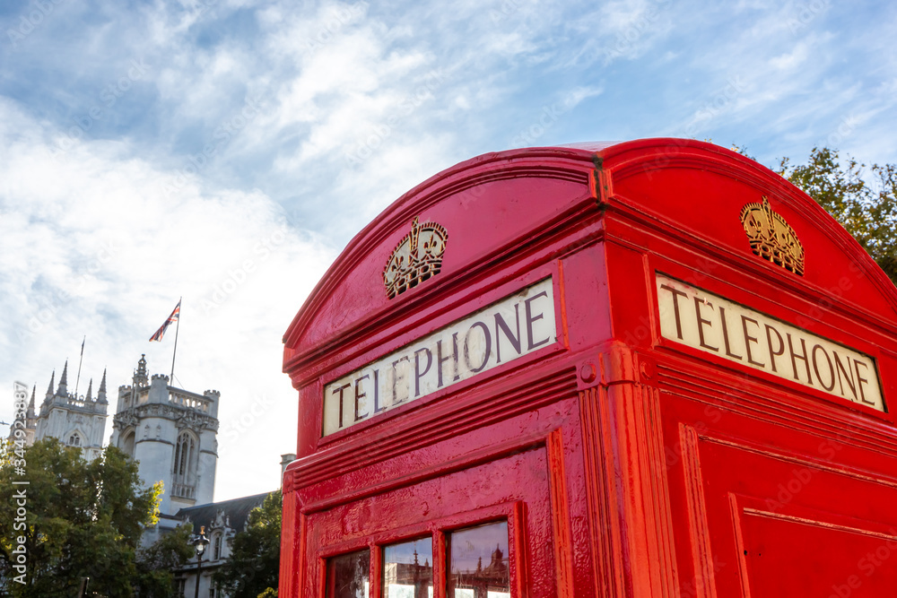 Red phone booth in London. United Kingdom.