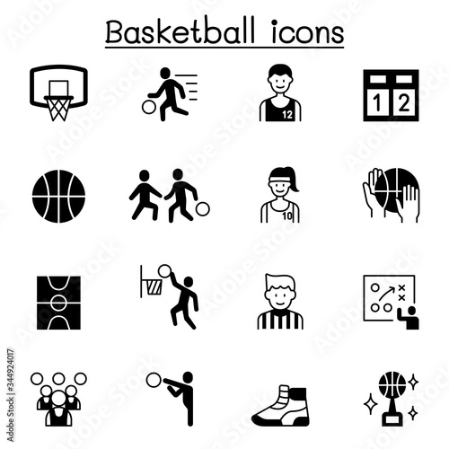 Set of Basketball related vector icons. contains such Icons as ball, player, refree, basketball court, shoes, scoreboard, trophy, hoop and more.