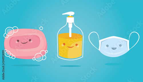 Vector set of cute medical protected mask, soap with bubbles and hygienic gel for hands properly. Viral disease prevention. Daily personal care. Coronavirus epidemic precaution tips. Hand hygiene.