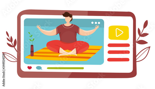 Vector of yoga course. Yoga class at home. Online lesson with teacher. Yoga lesson in mobile app. Quarantine epidemic. Working at home. Stretching and fitness exercises. Live streaming. Broadcast.