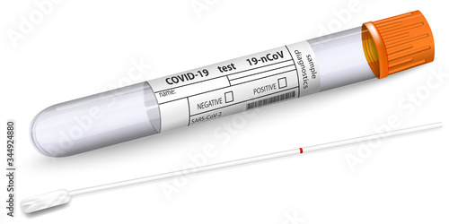 Blank test tube for diagnostics Covid 19 virus with Q-tips swab Sample. Form for blood test result Coronavirus 2019-nCoV. Realistic empty 3d Isolated on white