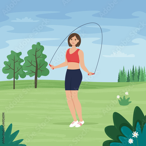 Woman jumping on skipping rope in the park. Spring or summer background. Vector illustration in flat style