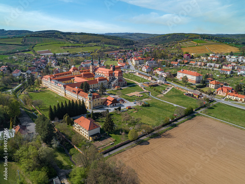 Aerial view of village Velehrad, where is a beautiful former monastery buildings with basilica of Saint Cyrillus and Methodius.