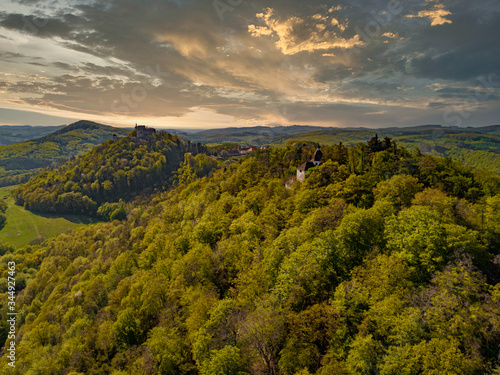 Aerial view of castle Buchlov and chapelle of st. Barbora in the Moravia landscape