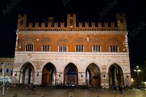Piacenza, Italy, view of "palazzo Gotico" ( gothic palace) and "piazza Cavalli (horse's square) during night