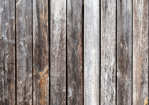 The texture of the gray wooden surface of the fence, wall, floor with vertically spread boards close-up.