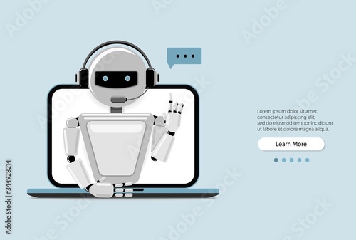 Chat Bot Using Laptop Computer, Robot Virtual Assistance Of Website Or Mobile Applications. Voice support service bot. Online support bot. Vector illustration.
