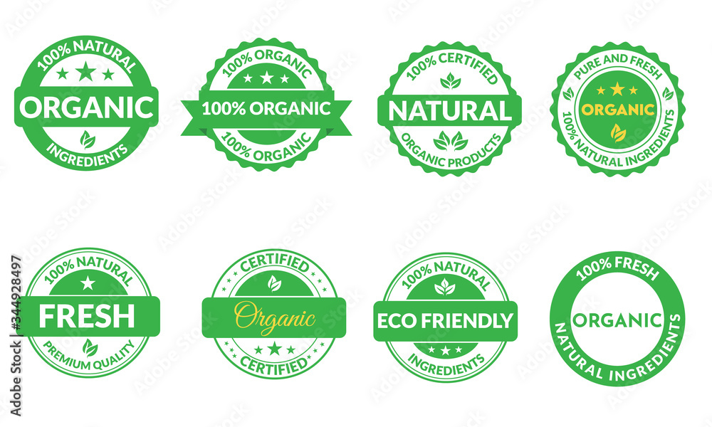Obraz premium Organic Seal Design. 100% Natural product with premium certified quality. Pure and fresh label design. Eco friendly and Natural ingredients Logo and Seal and Sticker Design