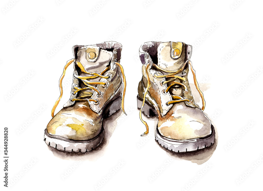 Hiking shoes / Hand-drawn watercolor and ink illustration, isolated on ...